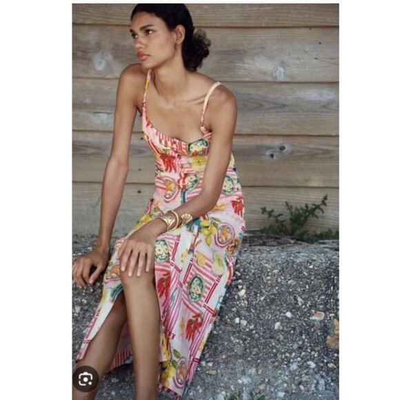 Zara Patchwork Linen Blend Midi Dress XS Open Back Trattoria Italy Pasta Lemon - Picture 4 of 16